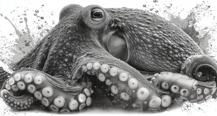  a black and white drawing of an octopus with its tentacles spread out, set against a white background