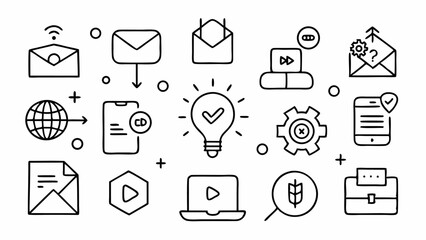 Modern collection of outline icons representing digital marketing strategies like email SEO advertising and audience engagement