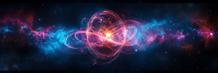 Obraz premium Explore mesmerizing quantum entanglement visuals with swirling neon-blue particles in cosmic space. Perfect for high-tech science projects, futuristic backgrounds, and abstract physics art. Vibrant an