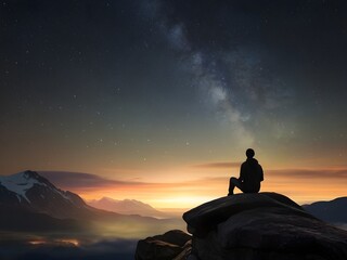 silhouette of a man sitting on a mountain top