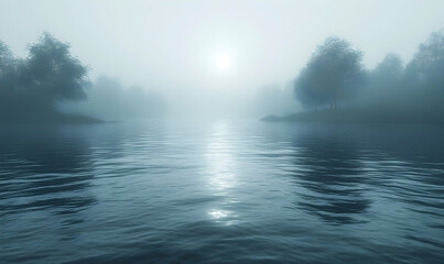 Fototapeta premium Serene foggy lake at dawn with silhouetted trees reflecting on calm water, evoking tranquility