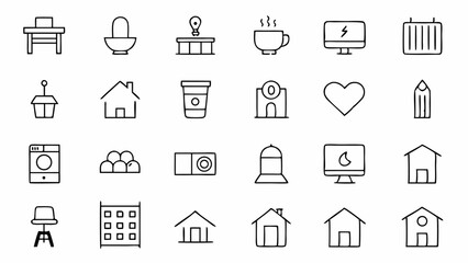 Download a stylish home interior icon pack in outline style, ideal for use in architectural layouts, smart home apps, furniture catalogs, or digital remodeling guides