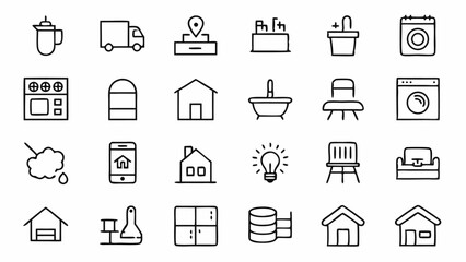Bring minimalist charm to your interior design work with outline icons representing key aspects of modern home living, layouts, spaces, and household essentials