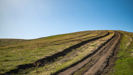 Dirt road winding uphill through green meadow under clear blue sky