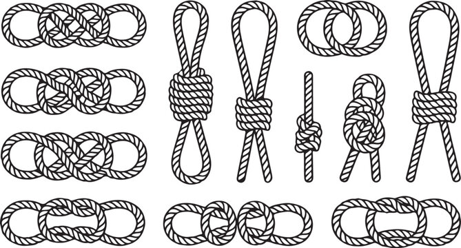 Rope knot vector set nautical marine rope tying techniques, sailing cord loops, climbing secure knots, black isolated illustrations