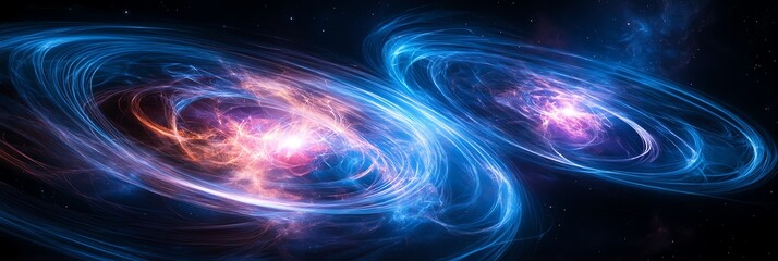 Explore mesmerizing quantum entanglement visuals with swirling neon-blue particles in cosmic space. Perfect for high-tech science projects, futuristic backgrounds, and abstract physics art. Vibrant an