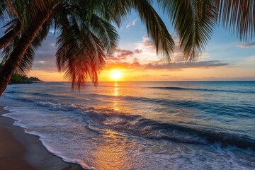 Serene close-up of gentle sea waves lapping against palm trees. Stunning panorama of a tropical island beach, showcasing an exotic coastline. Perfect for a summer getaway, this beautiful natural para