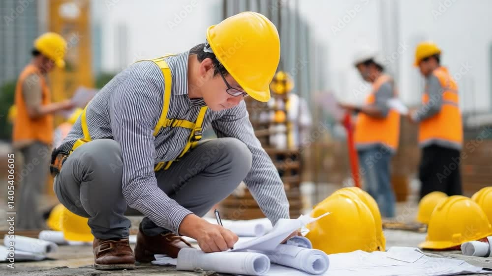 Poster construction site supervision: a construction worker meticulously reviews blueprints at a busy const
