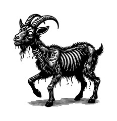 Cartoon Illustration of a Zombie Sheep or Goat with Green Eyes, in Dark Style