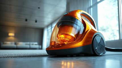 Fototapeta premium Modern orange vacuum cleaner on a plush carpet in a bright, contemporary living room setting