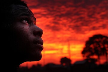  a man looking up at the sky at sunset, with trees in the background and clouds in the sky