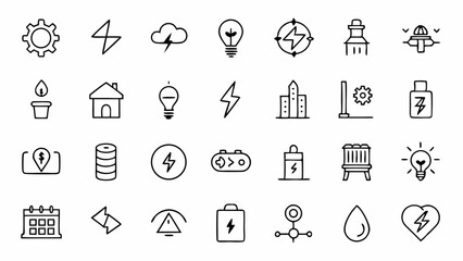 High quality line icons related to energy and electricity featuring clean strokes and perfect for renewable energy websites apps and green technology branding