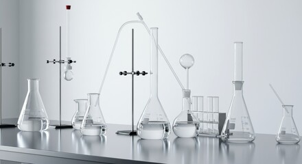 Elegant chemistry lab glassware with scientific instruments on a clean background