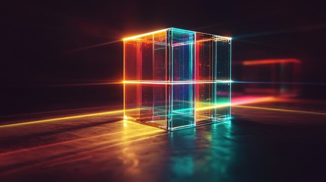 Glowing, transparent cube on dark surface