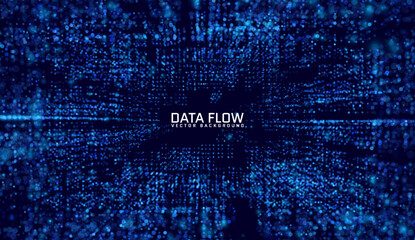 Futuristic 3D wireframe square tunnel with trendy big data grid, vibrant vector on blue backdrop.