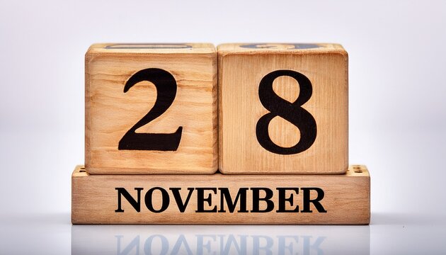 Minimalist photo of wooden blocks with date 28 November. Day and month, calendar on white background