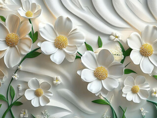 A close-up image of elegant daisy-like flowers artfully arranged with a textured, stylized design with white petals and green leaves.