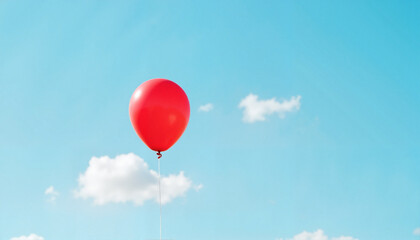 Fototapeta premium Red balloon floating in blue sky with clouds, joy of childhood