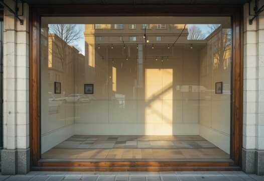 Ventana de boutique vac&iacute;a con marco de madera