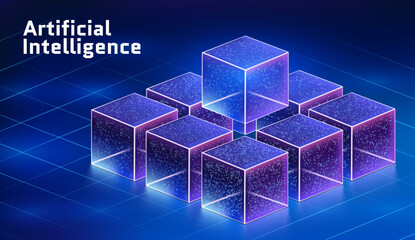 Abstract data cube background representing big data storage technology. Modern vector illustration showcasing information servers, data science, and advanced computer algorithms.