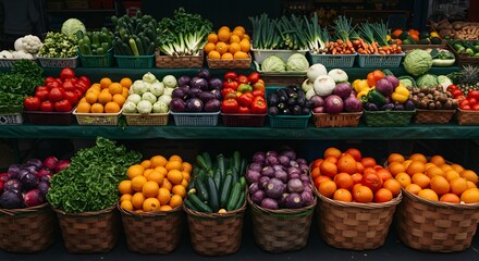Big choice of fresh fruits and vegetables on market counter. © EPENK