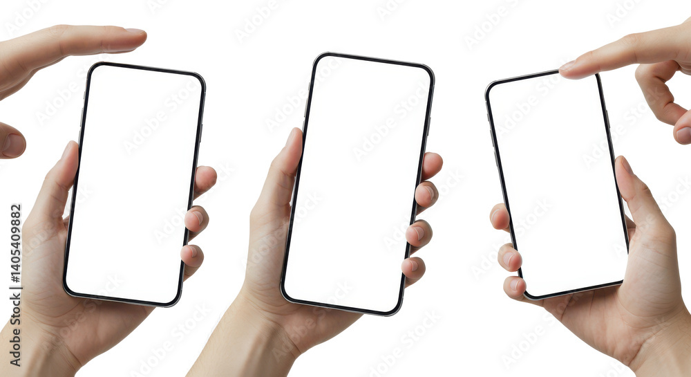 Aufkleber three hands holding smartphones with a blank white screen ready for content insertion and applicatio