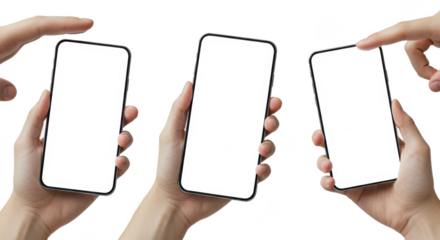 Three hands holding smartphones with a blank white screen ready for content insertion and application usage
