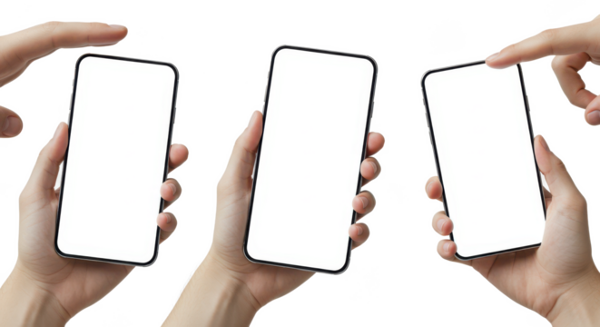 Three hands holding smartphones with a blank white screen ready for content insertion and application usage