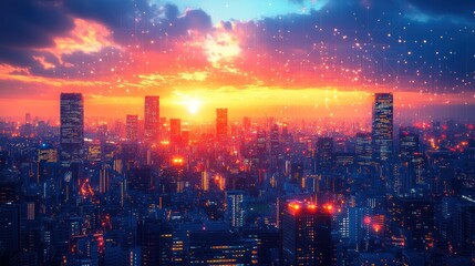 Fototapeta premium Sunset Metropolis: A Vibrant Cityscape at Dusk