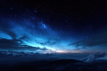 Stunning digital artwork of a night sky, featuring a starry landscape with clouds, showcasing the beauty of nature and the cosmos in vibrant shades of blue and bright lights.