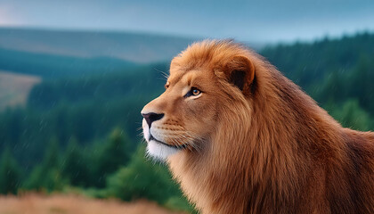 Majestic lion gazing across a rain-swept mountain landscape . Generative AI