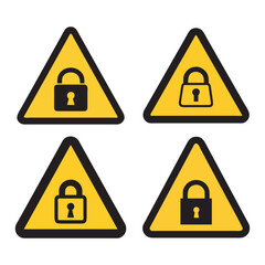  Four Yellow Warning Lock Triangle Signs, Raster lock flat warning sign. Triangle icon uses black and yellow colors. Symbol style is a flat lock attention sign on a white background