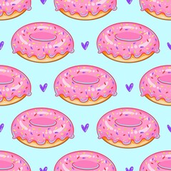 Pink Donut with Sprinkles Seamless Pattern - Cute Pastel Dessert Illustration