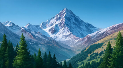 Obraz premium Majestic snow-capped peak dominates a valley of evergreen trees under a clear blue sky . Generative AI