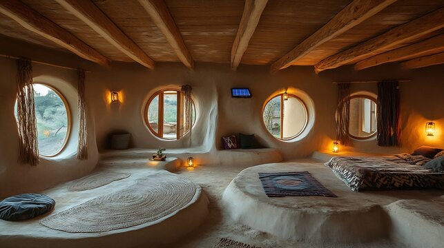 Cozy mud home with circular open windows