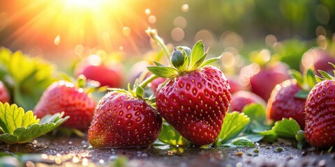Fresh dewy strawberries glisten in the warm sunlight