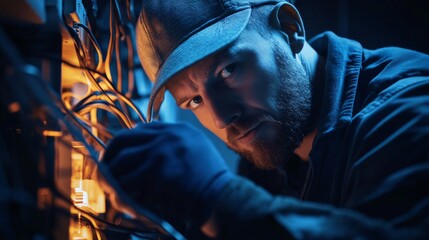 Electrician repairing faulty wiring. Featuring electrical maintenance and repair