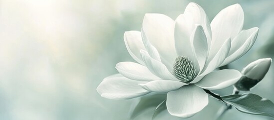 Serene white magnolia blossom, garden background, spring