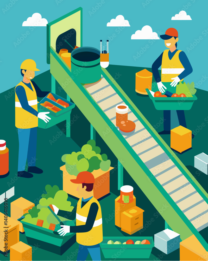 Poster a recycling center bustling with activity as workers carefully sort through piles of trash on convey