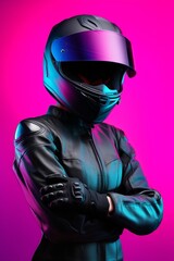  A woman wearing a black leather racing jacket and a full-face helmet, her arms crossed in front of her chest, isolated on a magenta background, with purple and blue lighting.