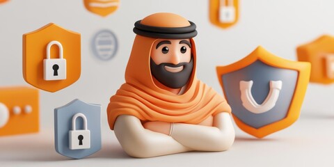 Fototapeta premium Cartoon character representing cybersecurity with shield icons and padlocks in a digital setting