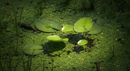 Green Pond with Lily Pads and Duckweed in Sunlight
