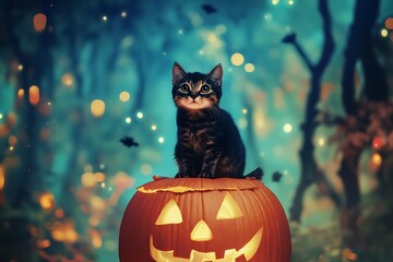 Adorable cat perched on a Halloween pumpkin against a magical enchanted forest backdrop.
