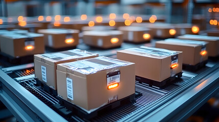 Smart warehouse management system identify package picking and delivery . Future concept of supply chain and logistic business