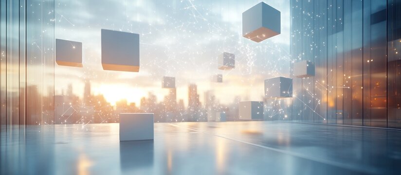 Cityscape sunrise, floating cubes, digital network, futuristic concept