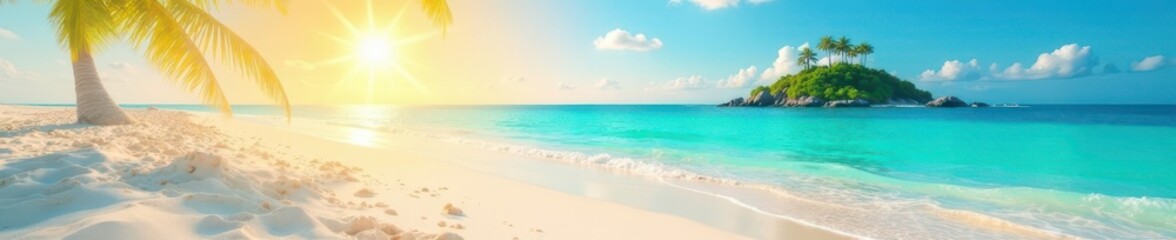 Fototapeta premium Sun-drenched sand, turquoise water, distant island silhouette, wildlife, shore