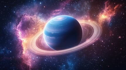Celestial Wonder: A Ringed Planet in a Cosmic Nebula