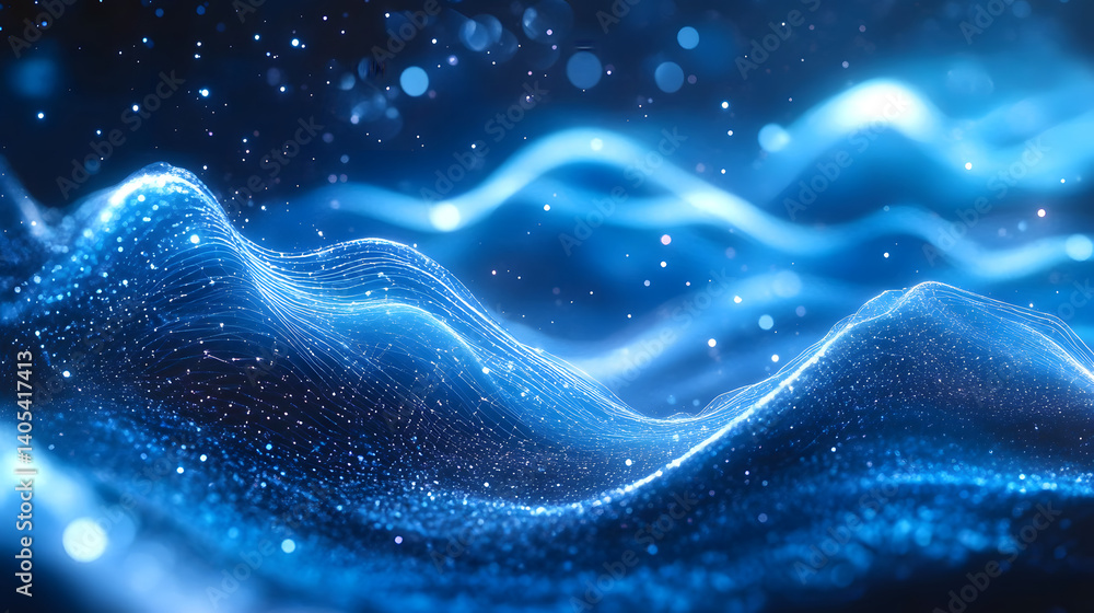 Poster abstract blue tech background with digital waves, dynamic network system, artificial neural connecti