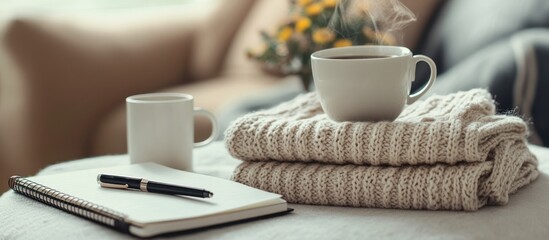 Fototapeta premium Cozy autumn home coffee, sweater, notepad