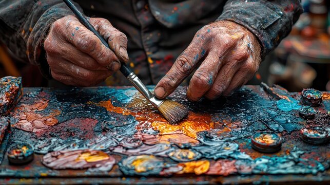 Hands working with paints on a palette